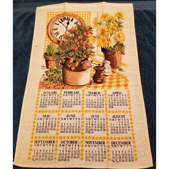 Vintage linen tea towel calendar flowers in vase and clock 1984 new old stock - Picture 1 of 7